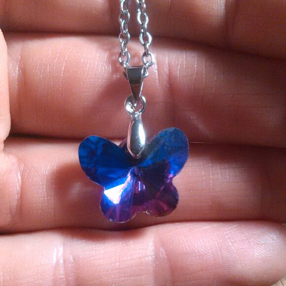 Magic Color Crystal Butterfly Brass Pendant Stainless Steel Necklace - Picture 13 of 16